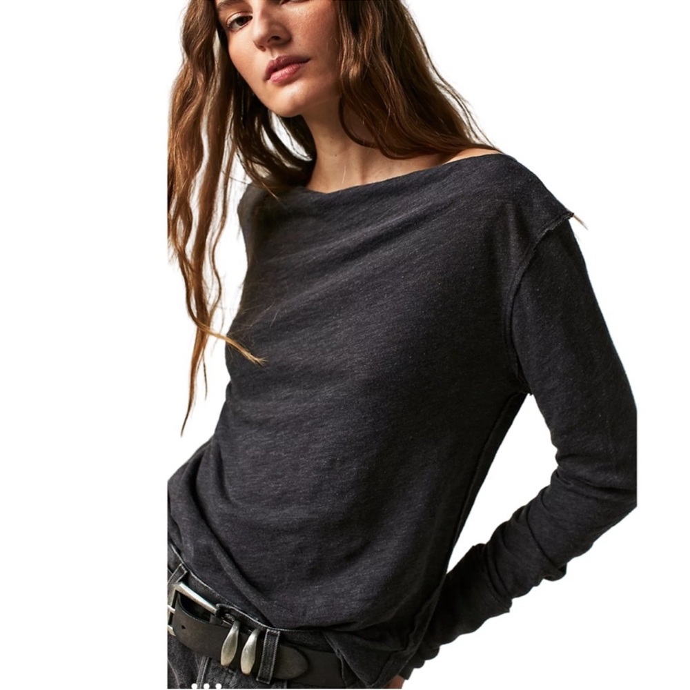 Free People Kimmi Long Sleeve Linen Cotton Tee Size Small in Black